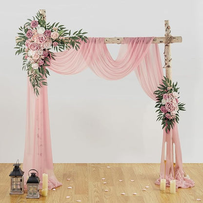 Wedding Arch Flowers with Drapes Kit (Pack of 3) - 2pcs Artificial Dusty Pink Deluxe Swag with 1pcs Sheer Drapes for Wedding Ceremony Backdrop Rose Floral Decoration Arbor Reception