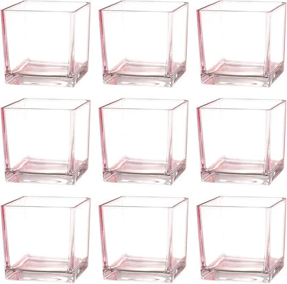 Square Glass Vases Set of 9, 4"x 4"x 4" Flower Vases for Centerpieces, Pink Glass Vase for Flowers, Small Vase for Wedding, Party, Home Office Decoration