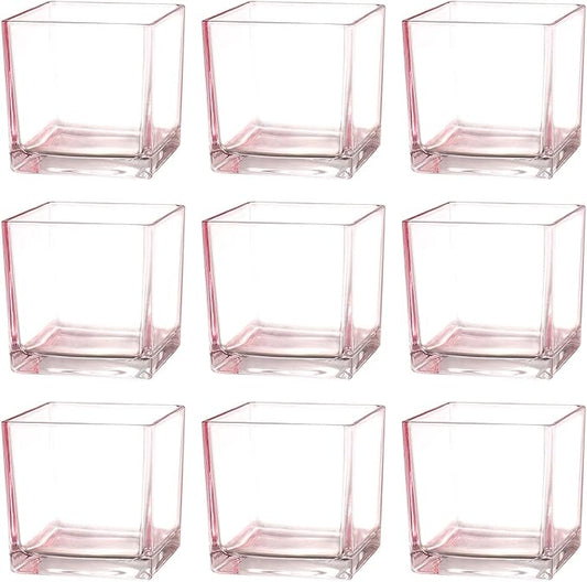 Square Glass Vases Set of 9, 4"x 4"x 4" Flower Vases for Centerpieces, Pink Glass Vase for Flowers, Small Vase for Wedding, Party, Home Office Decoration