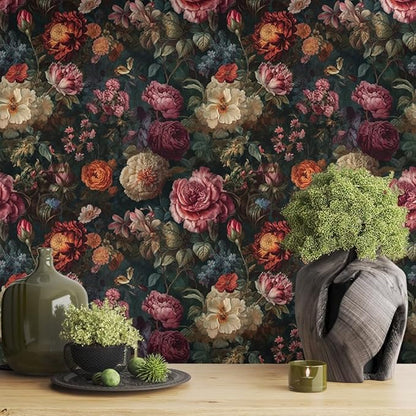 Vintage Dark Black Purple Red Flowers Leaf Botanical Floral Peel and Stick Wallpaper Easy Peel Off Contact Paper Stick on Adhesive Wall Paper for Bathroom Waterproof Renter Friendly