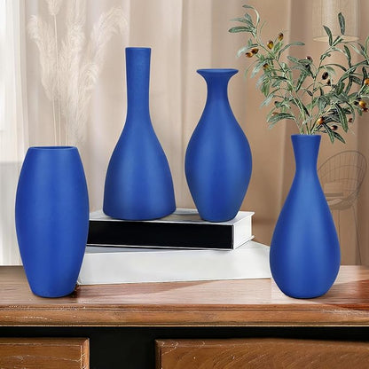 Matte Blue Ceramic Vase 4 Piece Set, Navy Blue Vase for Rustic Modern Home Decor, Coastal Decorative Vases for Living Room, Kitchen,Table,Shelf,Office,Housewarming,Gift