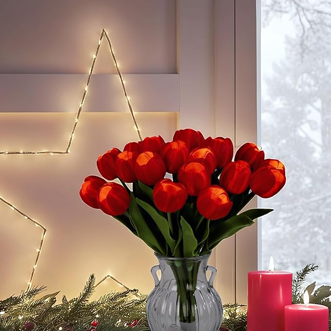LED Lighted Artificial Tulip Lamp, Real Touch Tulip Flowers, 15 Inch Faux Tulip Bouquet with Battery Operated Lights for Gifts, Christmas,Holiday,Home Kitchedn Wedding Decor (Red)