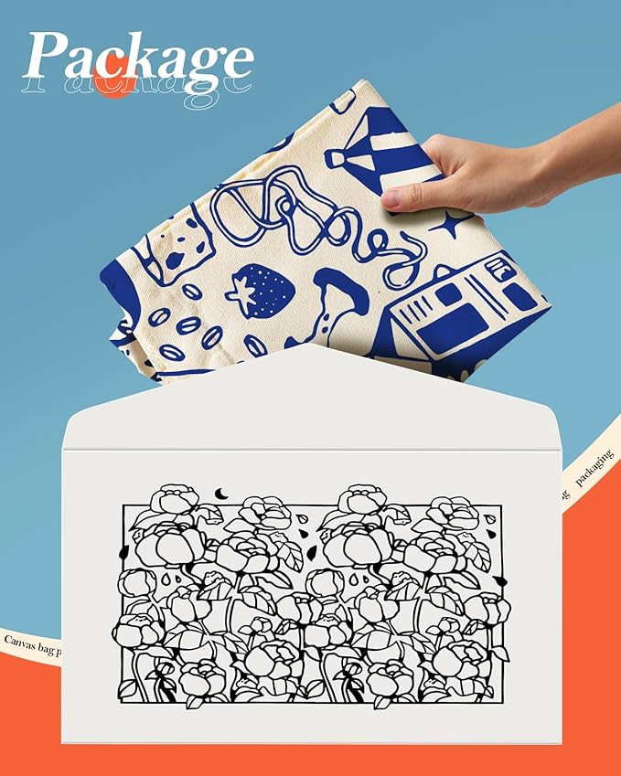 Aesthetic Canvas Tote Bag with Pattern for Women, Funny Groovy Blue Doodle Western Food Art Style Design, Casual Cloth Cotton Totes Bag for Vacation, Shopping, Grocery, Gym