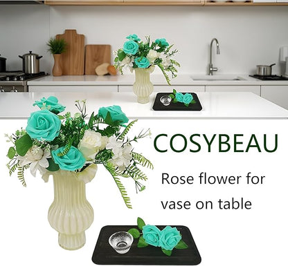 Artificial Rose Flowers 25pcs, Turquoise Blue Foam Fake Rose Faux Flower for Wedding Bouquets Bridal Shower Centerpieces Floral Arrangements Home Decorations Party Backdrops Table
