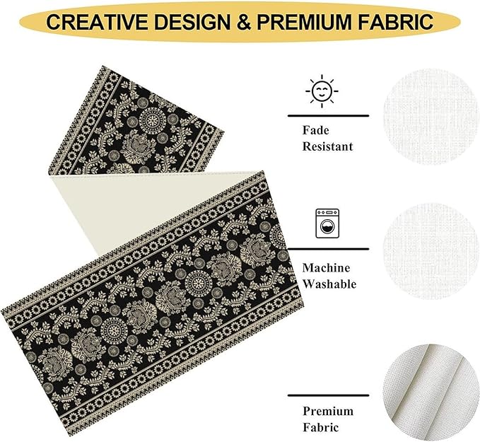 Black Paisley Table Runner, Retro Damask Boho Floral Print Linen Table Center Decor Family Kitchen Outdoor Farmhouse Holiday Party Table Decorations 13x90 inch