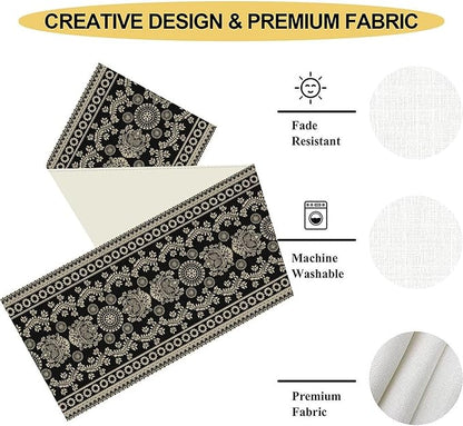 Black Paisley Table Runner, Retro Damask Boho Floral Print Linen Table Center Decor Family Kitchen Outdoor Farmhouse Holiday Party Table Decorations 13x90 inch