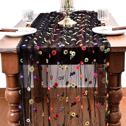 Joanlody 3pcs Black Embroidery Daisy Christmas Table Runner 10ft Florals Seasonal Tulle Table Runner Holiday Kitchen Dining Table Decoration for Home Party Indoor
