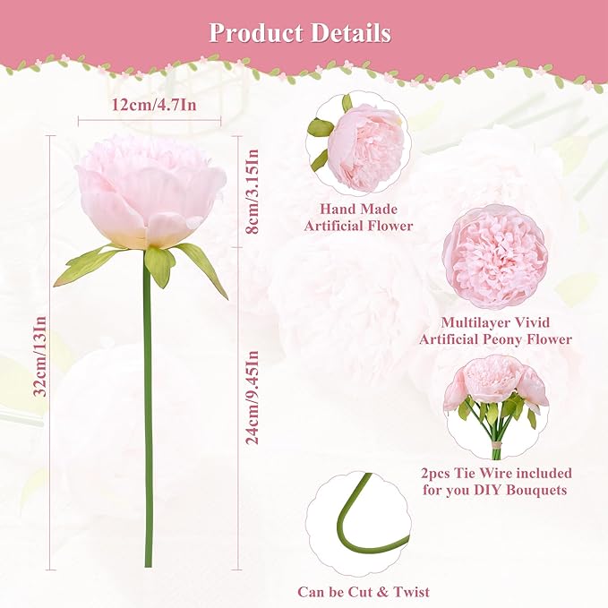 U'Artlines 2 Bouquet 10 Heads Artificial Peony Silk Flower Leaf Home Office Wedding Party Festival Bar Decor (Light Pink)
