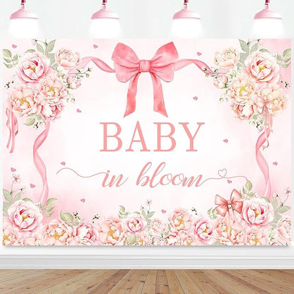 InMemory Pink Floral Baby Shower Backdrop for Girls Coquette Bow Flowers Love Hearts Gender Reveal It's a Girl Newborn Baby in Bloom Sign Banner Party Decorations Background 7x5ft