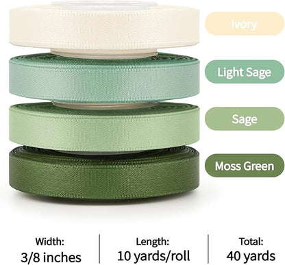 3/8 Inch Green Satin Ribbon, 4 Rolls Total 40 Yards, Double Faced Mixed Green Thin Ribbon for Gift Wrapping, Flower Bouquets, Crafts, Wedding Christmas Decorations