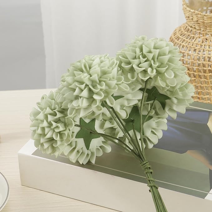 Artificial Flowers, 100pcs Artificial Rose for DIY Wedding Bouquets Centerpieces Arrangements, Sage Green Dahlia Flowers with Stem for Bridal Shower Party Home Decorations
