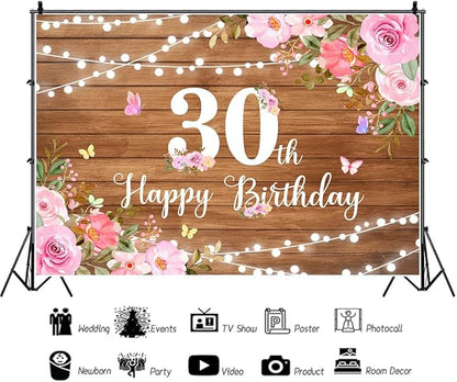 Happy 30th Birthday Decorations for Her Rustic Wooden Happy 30th Birthday Banner Backdrop Pink Floral 30 Years Old Party Decoration Photography Banner Supplies 7x5Ft