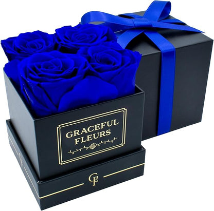 Graceful Fleurs | Real Long Lasting Roses for Years | Preserved Fresh Flowers for Delivery Birthday | Birthday Gifts for Women | Forever Roses in a Box (Blue, Black Box, 4 Roses)