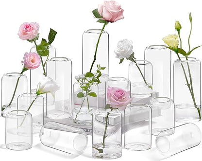 ZENS Bud Vases in Bulk Set of 16, Modern Small Glass Vases for Flower Clear Bud Vases for Wedding Centerpiece, Modern Blown Small Vase for Flowers, Wedding Party Events Decorative Home Decor