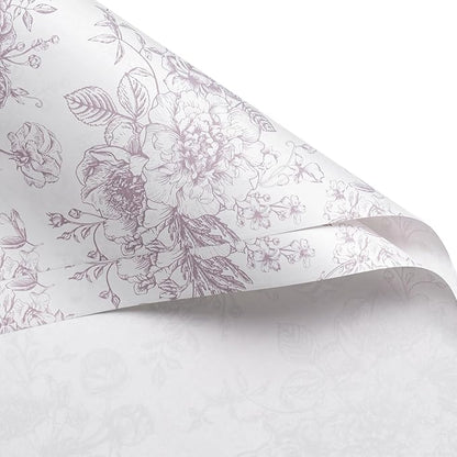 WRAPAHOLIC 20 Sheets Flower Wrapping Paper - 22.4 x 22.4 inch Light Purple Vintage Floral Printed Water-Resistant Floral Bouquet Wrapping Paper, Florist Supplies Packaging for Wedding Birthday DIY