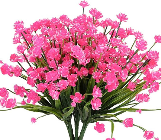 8 Bundles Artificial Flowers, Fake Artificial Greenery UV Resistant No Fade Faux Plastic Plants for Wedding Bridle Bouquet Indoor Outdoor Home Garden Kitchen Office Table Vase (Pink)
