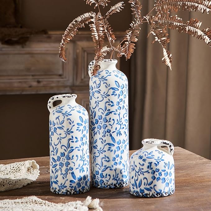 Ceramic Vase Set of 3, Vintage Blue and White Vase, Chinoiserie Floral Vases, Rustic Farmhouse Ceramic Vases for Home Decor, Blue Vase for Living Room, Kitchen Island, Bookshelf, Chinoiserie Decors