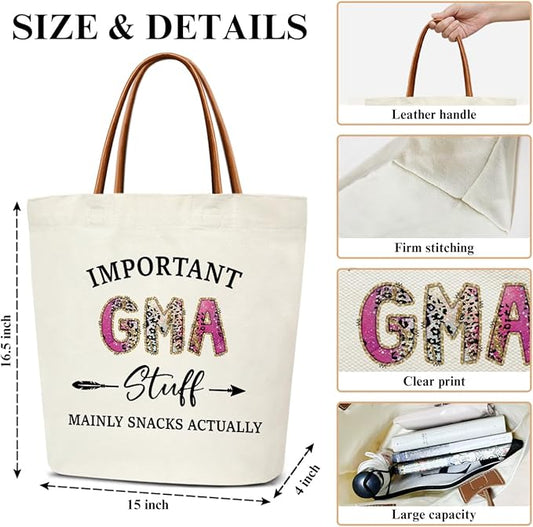 Canvas Tote Bag for Women, Important Stuff Bag with Leather Handle, Reusable Grocery Bags for Shopping Beach Travel