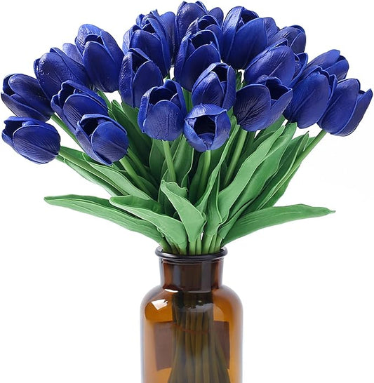 SITUMEIZI 15pcs Tulips Fake Blue Artificial Flowers Real Touch 14" Silk Flower for Home Decor Spring Easter Wedding Bouquet Decorations Floral Arrangements(Deep Blue)