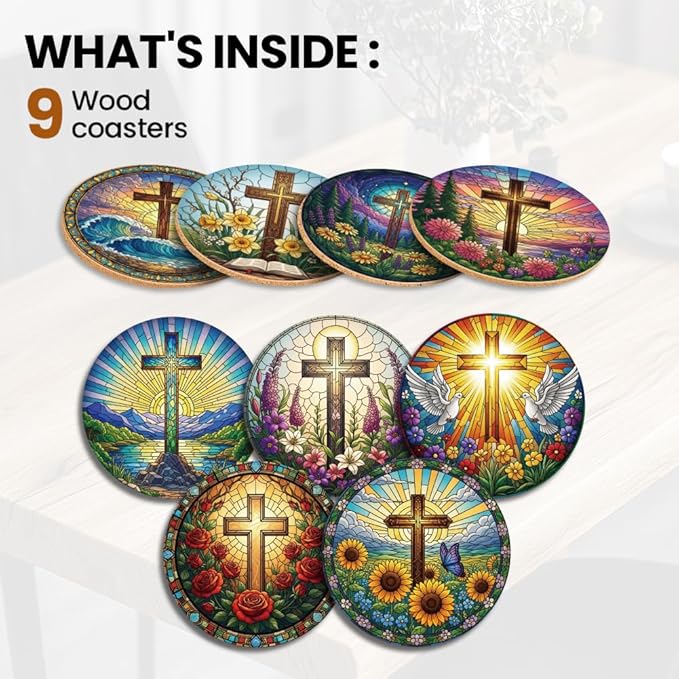 ANATTASOUL Coasters Set of 9 Cross and Flower Pattern Colorful Wooden Coasters Bulk Round Housewarming Gift for New Home, 3.9" Decorative Coffee Table Protection for Farmhouse Bar House Decor