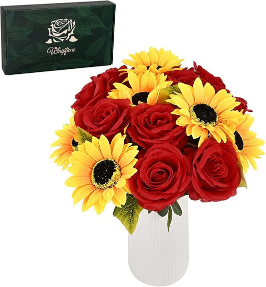 Waipfaru 16 Pcs Fake Roses Sunflowers Artificial Flowers Bulk, Silk Red Roses Yellow Flowers Artificial with Long Stems for Outdoors Wedding Bouquet Vase Flower Arrangement Decoration