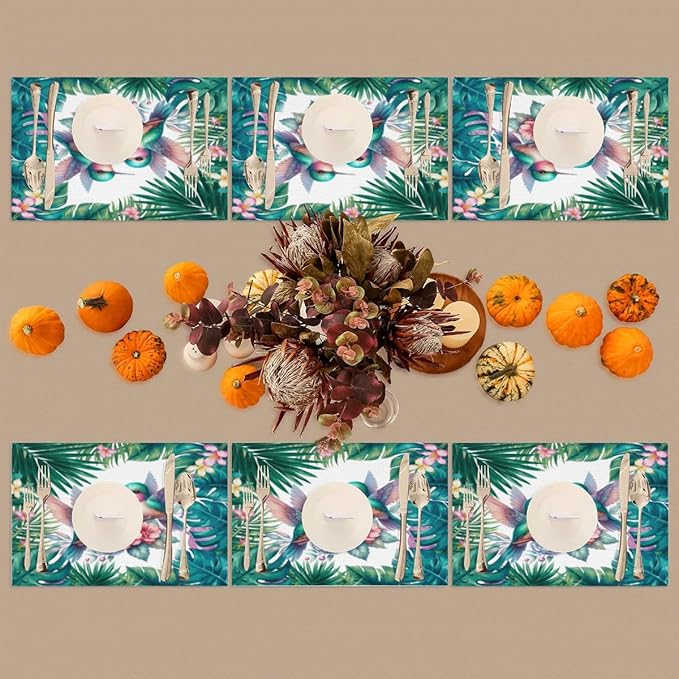 PVC Placemats Set of 6 Summer Palm Leaf Bird Wipeable Table Mats Washable Heat Resistant Non Slip Vinyl Dining Table Mat for Kithen Indoor Outdoor Patio Farmhouse Place Mats Decorative