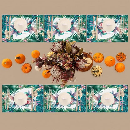 PVC Placemats Set of 4 Summer Palm Leaf Bird Wipeable Table Mats Washable Heat Resistant Non Slip Vinyl Dining Table Mat for Kithen Indoor Outdoor Patio Farmhouse Place Mats Decorative