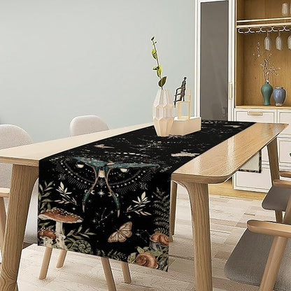 Gothic Moth Table Runner, Boho Gothic Sun Moon Phase Mystical Mushroom Floral Witchy Farmhouse Coffee Table Center Decor for Home Kitchen Dining Patio Holiday Party Table Decorations 13x108 inches