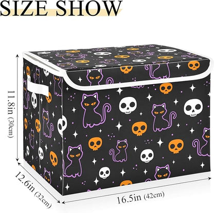 senya Halloween Storage Baskets Collapsible Storage Bins with Lids, Halloween Colored Skulls Black Cat Storage Boxes Clothes Baskets for Organizing, B06D22020