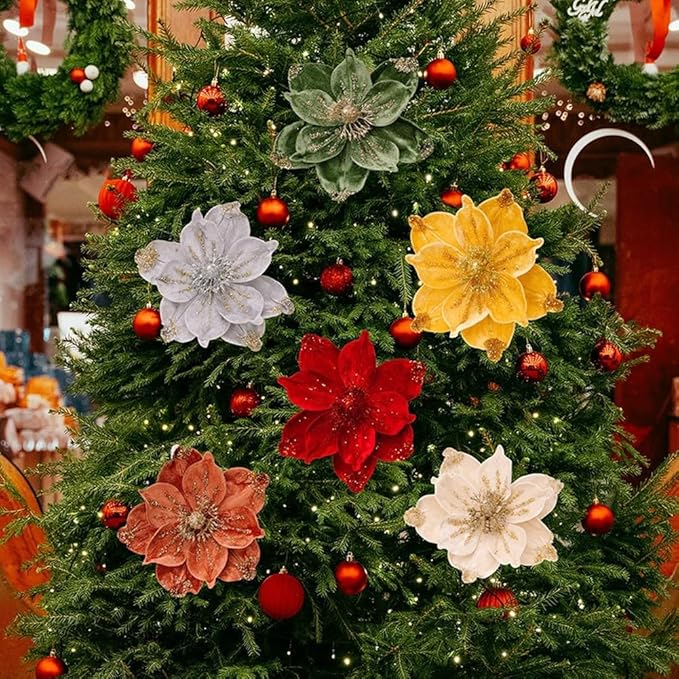 Set of 4 Gold Glitter Christmas Floral Decorations with Soft Flannelette, 15x26cm Artificial Flowers for Holiday Tree Ornaments, Wreaths, and Festive Tabletop Arrangements