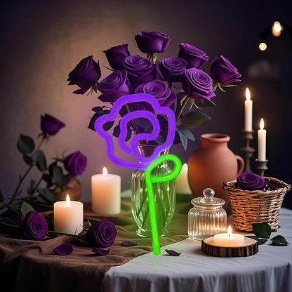Neon Purple Rose Sign - purple rose Flower with Green Stem Neon Light USB or 3-AA Battery Powered for Girls Room Birthday Party Wedding Lighted Flower Wall Decor (Purple)