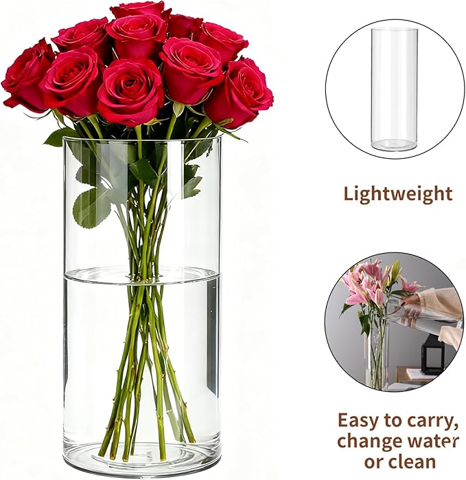 2 Pack Acrylic Cylinder Vases, Non-breakable Vase for Centerpieces, 10 inch Tall Clear Flower Vase Bulk Floating Candle Holder for Wedding Table Home Decor and Party