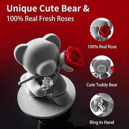 JoyFlower Cute Teddy Bear with Preserved Flowers, Eternal Real Red Rose with Promise Ring Gifts with Gift Box for Girlfriend Wife Women Her in Birthday Christmas, Valentine's, Weddings, Anniversary