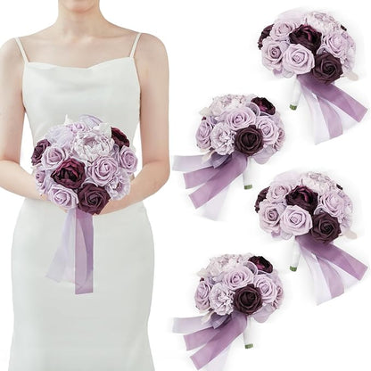 TINGE TIME 7 Inch Artificial Flowers Wedding Bouquets for Bridesmaid, Set of 4, Lavender Bride Tossing Bouquet for Wedding Ceremony Festivals Bridal Shower Rehearsal Dinner Vintage Party