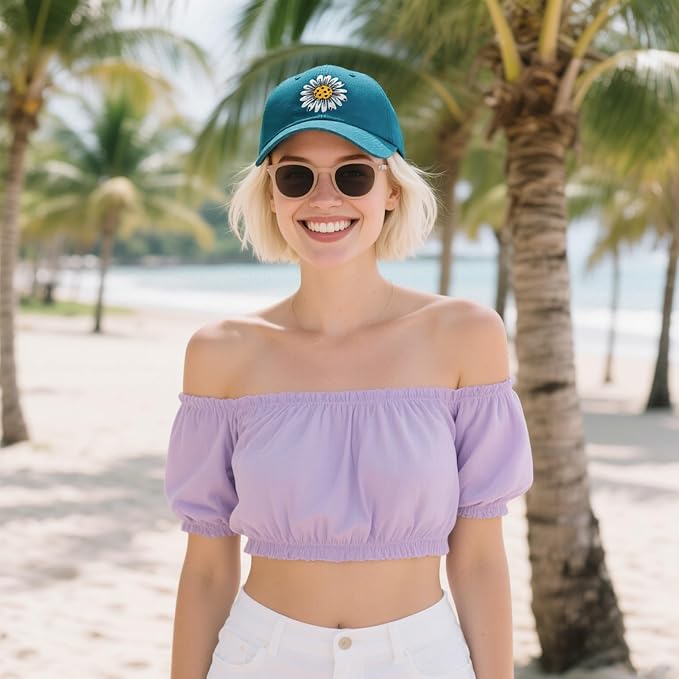 Waldeal Pickleball Hat for Women, Ajustable Embroidered Daisy Washed Denim Baseball Cap
