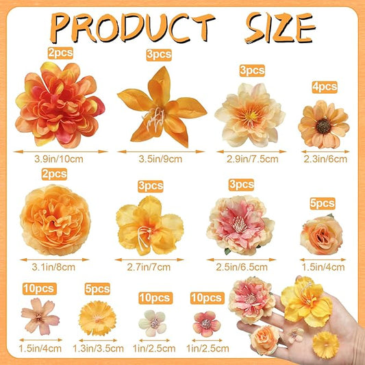 Artificial Flower Heads Combo - Orange Silk Dahlia & Roses Fake Flowers for Wedding, Party, Graduation Cap DIY, Cake Decoration, Table Centerpieces, Home Decor