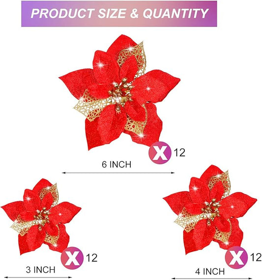 WILLBOND 36 Pieces Christmas Poinsettia Glitter Faux Flowers Christmas Artificial Flowers Tree Ornaments Topper Xmas Decorations(Red)