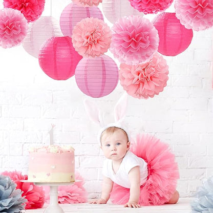 Light-Hot Pink Party-Decorations Paper-Flowers Lanterns - 15pcs Graduation Girl Birthday Decor Tissue Pom Poms Streamers, Bridal Baby Shower Wedding Bachelorette Valentine Hanging Supplies Hugfond