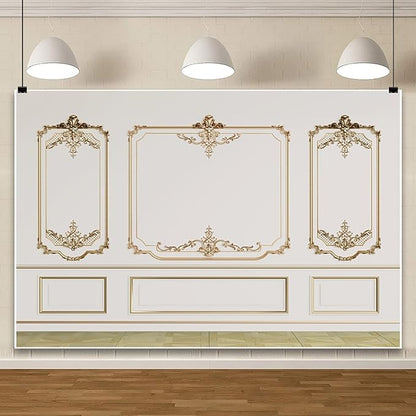 AOFOTO Vintage Room Inside Backdrop Modern French Classic Frame White Walls Gold Embossed Floral Photo Background Wedding Bridal Shower Reception Drama Portrait Photoshoot Backdrop Props 8x6ft