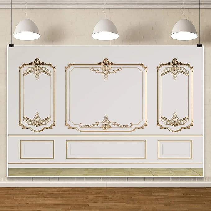 AOFOTO Vintage Room Inside Backdrop Modern French Classic Frame White Walls Gold Embossed Floral Photo Background Wedding Bridal Shower Reception Drama Portrait Photoshoot Backdrop Props 12x8ft