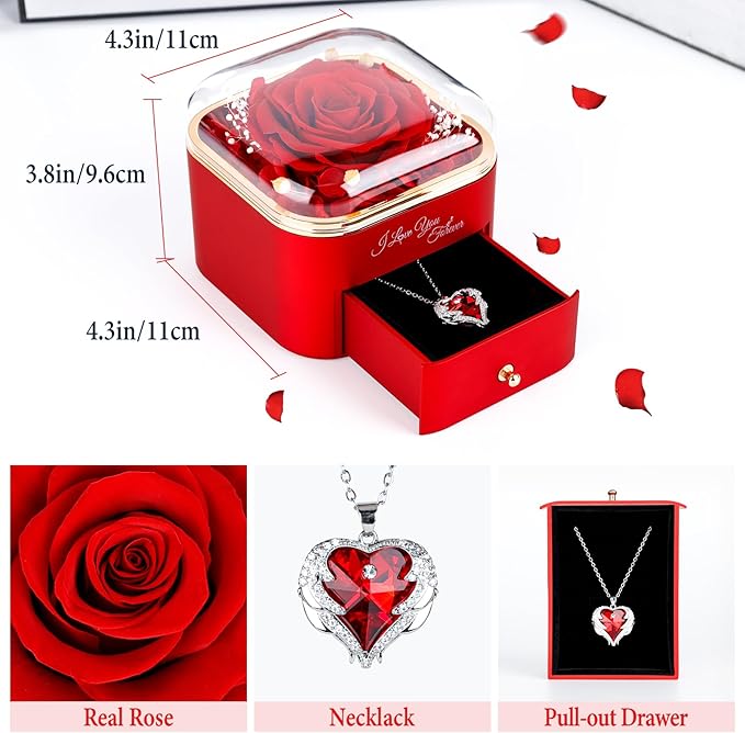 Gifts for Women Birthday, Preserved Rose with Necklace, Birthday Gifts for Mom Forever Real Rose, Large 4.3" Red Eternal Rose Gifts for Girlfriend Grandma Mom Wife Gifts for Anniversary