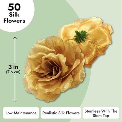 Bright Creations Gold Flowers Artificial Roses - 50-Pack, 3 in, Stemless Silk Rose Heads for Home & Wedding Decor & Faux Bouquets & Floral Accents