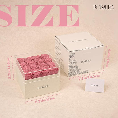 Rosaura Square Preserved Roses Gift Box - Real Forever Flowers in Clear Acrylic Lid, Valentine's for Women (Pink, 16 Roses)