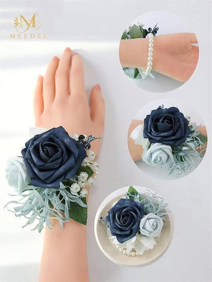 Meldel Navy Blue Wrist Corsage,Set of 6, Homecoming Wrist Flower Girl/Mother Corsages Wristlet Décor Perfect for Bride Bridesmaids Wedding Guests Hand Flower, Proms, Party, Ceremony Anniversary