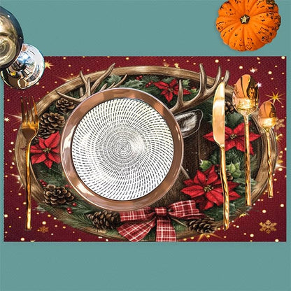 Xmas Christmas Reindeer Poinsettia Red Placemats Set of 1 PVC Vinyl Non Slip Table Mats Heat Resistant Place Mats Washable Wipeable Dining Table Mat for Kitchen Party Indoor Outdoor Decorative Gift