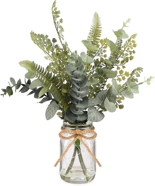 Artificial Eucalyptus Stems in Glass Vase with Faux Water, 13” Fake Plants Mix Eucalyptus Leaves with Lights, Faux Greenery Plants Decorations Home Office Farmhouse Wedding Centerpiece Décor
