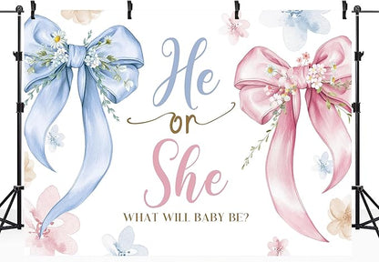 Riyidecor Gender Reveal Backdrop Polyester Fabric Bow Watercolor Floral What Will Baby Be 8Wx6H Feet Pink Blue He or She Baby Shower Floral Leaves Photography Background Newborn Photo Studio Shoot