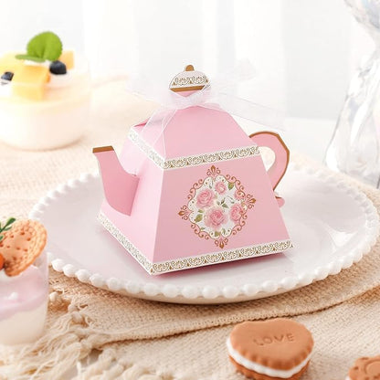 Jetec 100 Pcs Teapot Candy Box Floral Flower Tea Party Favor Gift Box Candy Boxes for Tea Garden Wedding Favors Bridal Showers Brunches Birthdays Decorations(Pink)