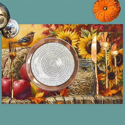 Autumn Apple Flower Sunflower Placemats Set of 6 PVC Vinyl Non Slip Table Mats Heat Resistant Place Mats Washable Wipeable Dining Table Mat for Kitchen Decor Party Indoor Outdoor Decorative Gift