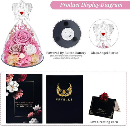 Preserved Flowers in Glass Angel Figurine with LED Light,Forever Real Roses Prime Eternal Flower Birthday Glitter Decorations for Her Women Mom Grandma Sister (Pink)